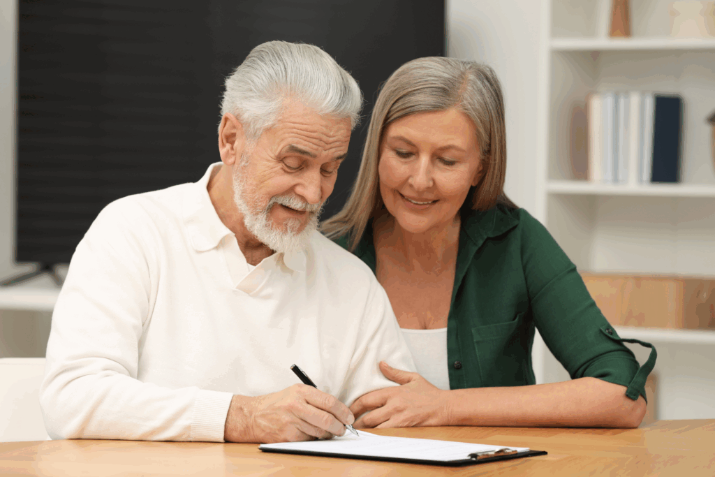 Two elderly people signing a will